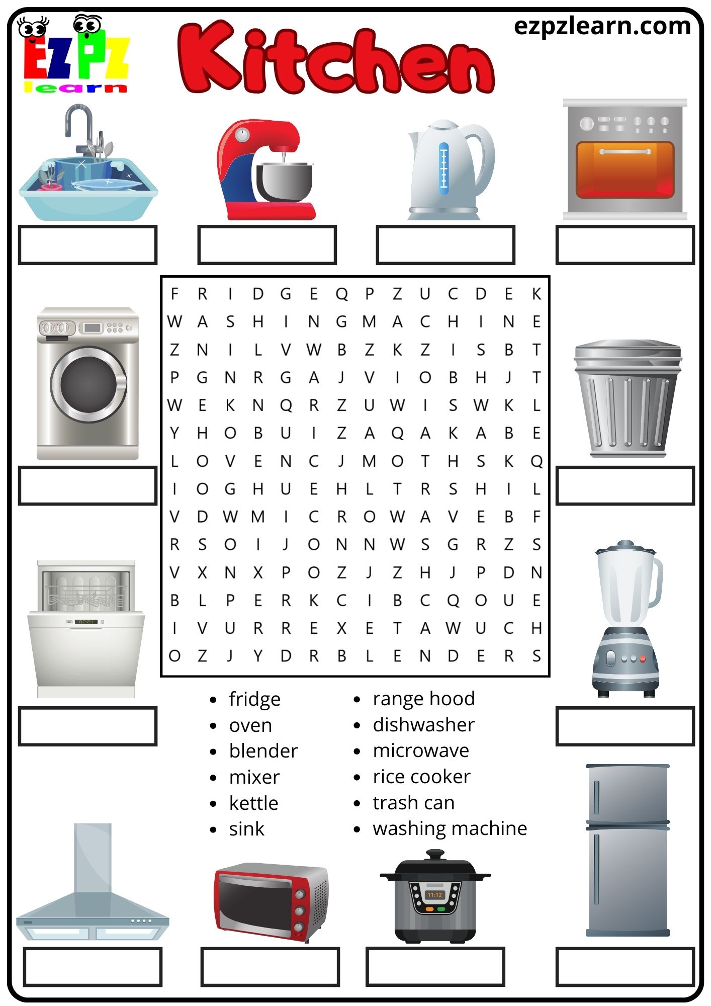 Kitchen Appliances Vocabulary Word Search and Match the Words Activity for Kids and English